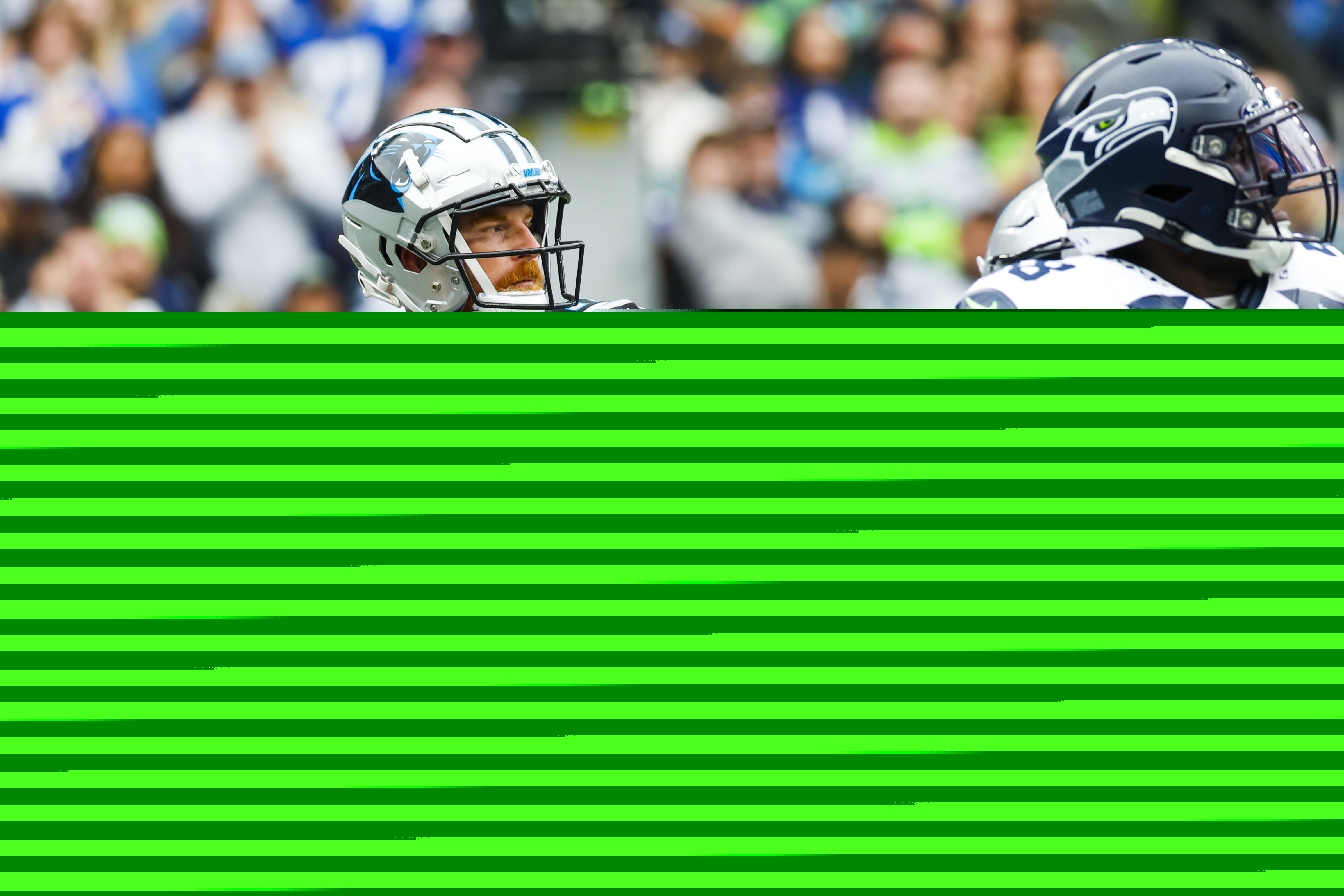 Sep 24, 2023; Seattle, Washington, USA; Carolina Panthers quarterback Andy Dalton (14) passes against the Seattle Seahawks during the second quarter at Lumen Field. Mandatory Credit: Joe Nicholson-USA TODAY Sports